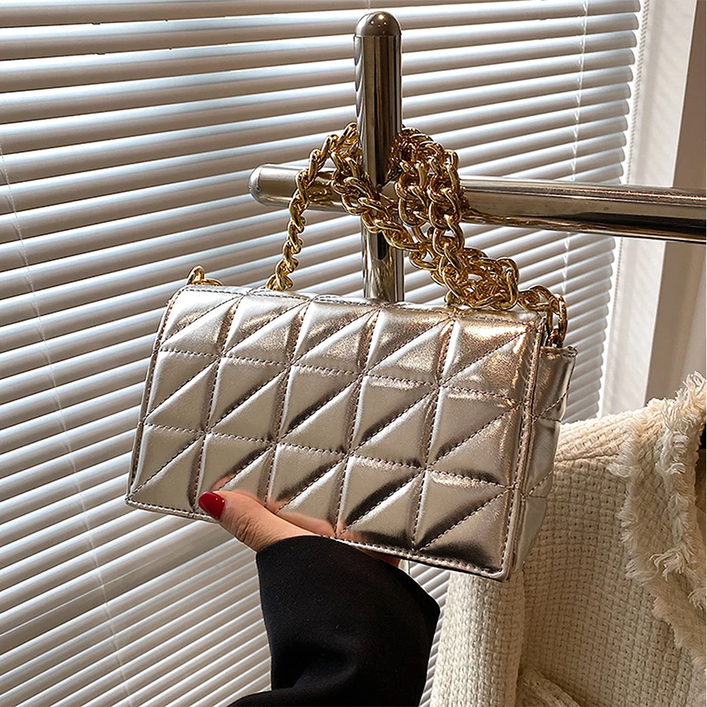 Genuine Metallic Calfskin Clutch Bag Trendy Quilted Handbag 