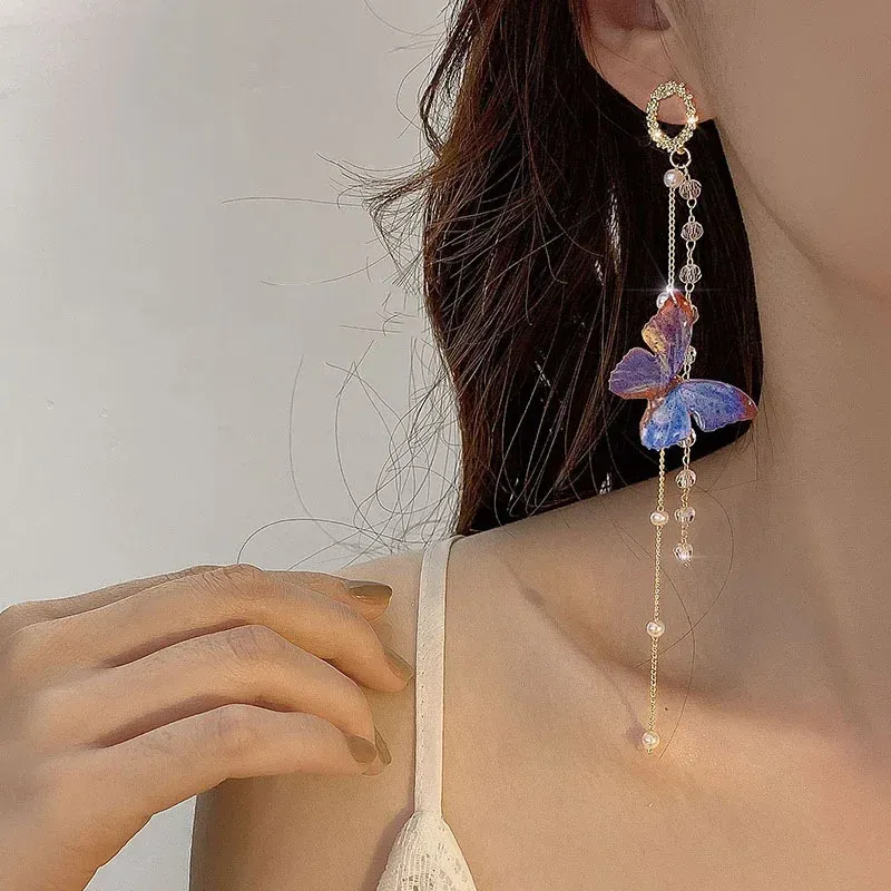 Fashion Exaggerated Blue Crystal Pearl Butterfly Tassel Long Earrings for Women Earring Birthday Party Jewelry Gift Hot Sales