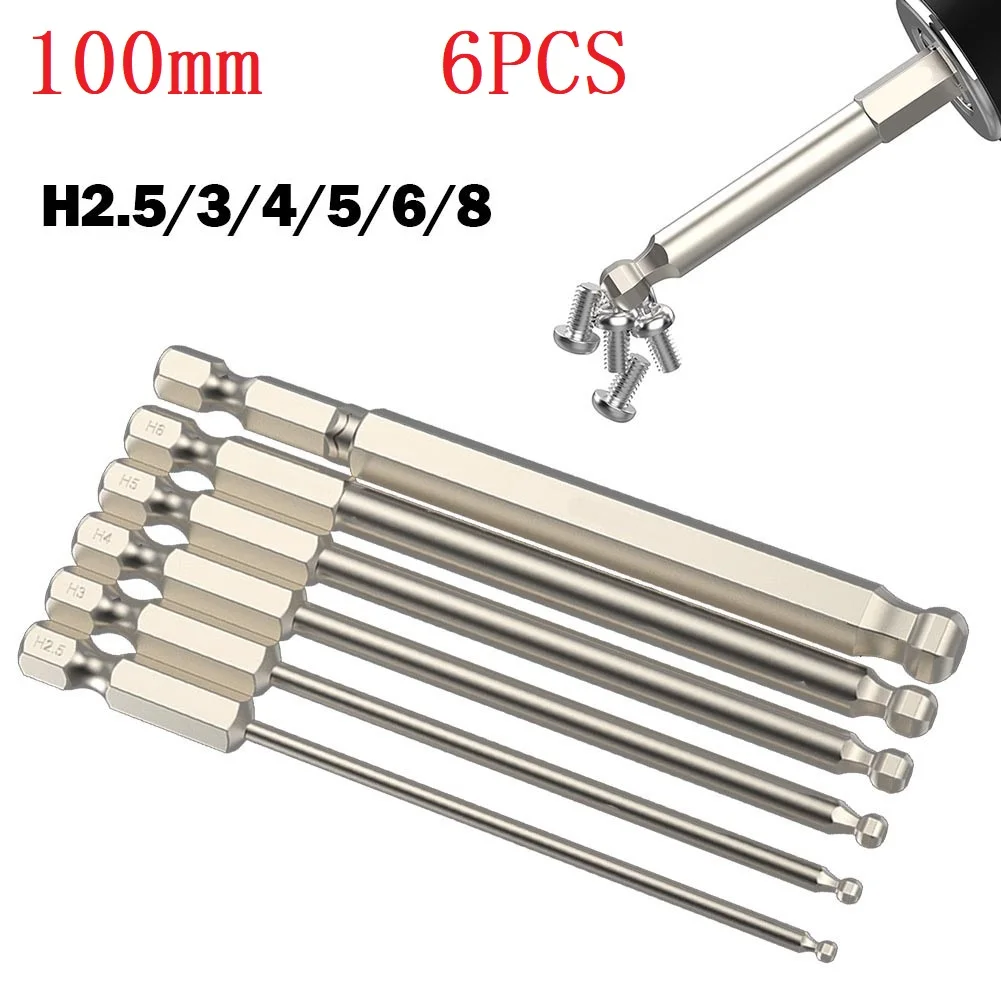 

6pcs 100mm Long Ball End Screwdriver Bit Set Magnetic Batch Head 1/4 Inch Hex Alloy Steel Screwdriver Bit Hand Tools H2.5-H8