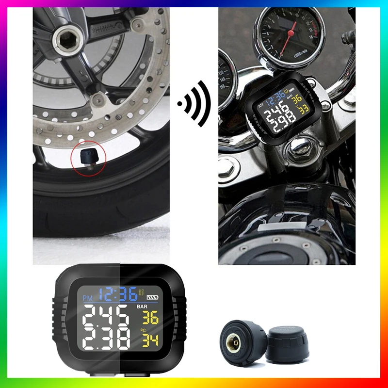 

Motorcycle TPMS Tire Pressure Monitoring System Big Wireless LCD Colorful Display Shift For Status Precise Digital Waterproof