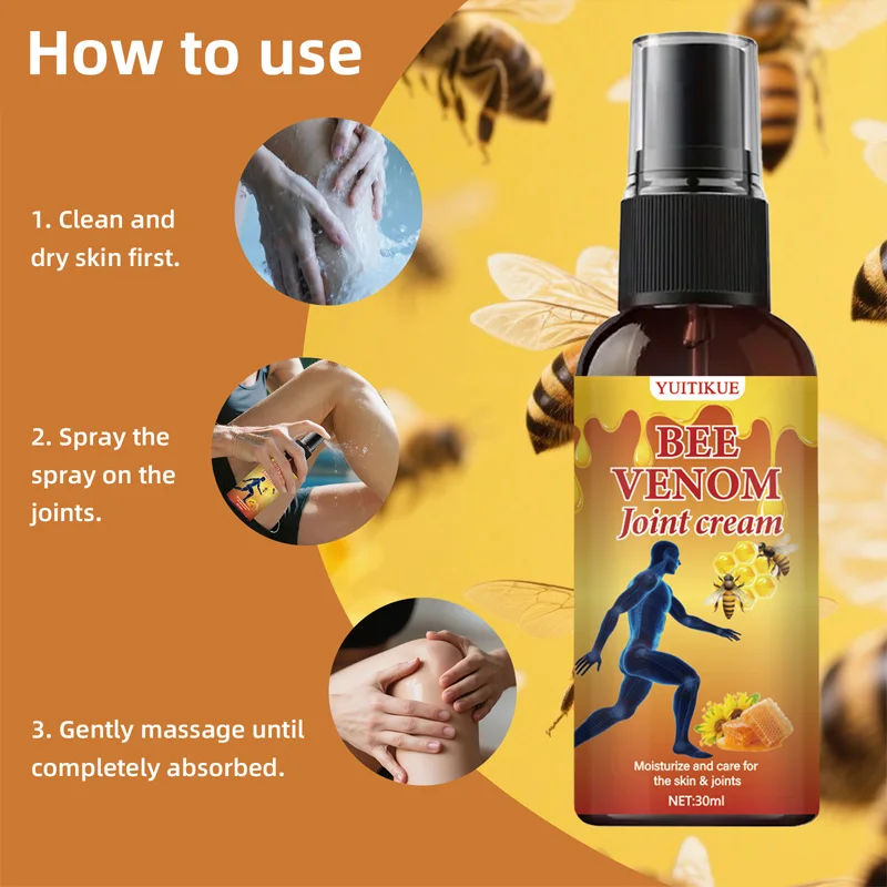 Bee Venom Joint Spray, containing bee venom, collagen, and hyaluronic acid, deeply moisturizes, is lightweight and non-greasy