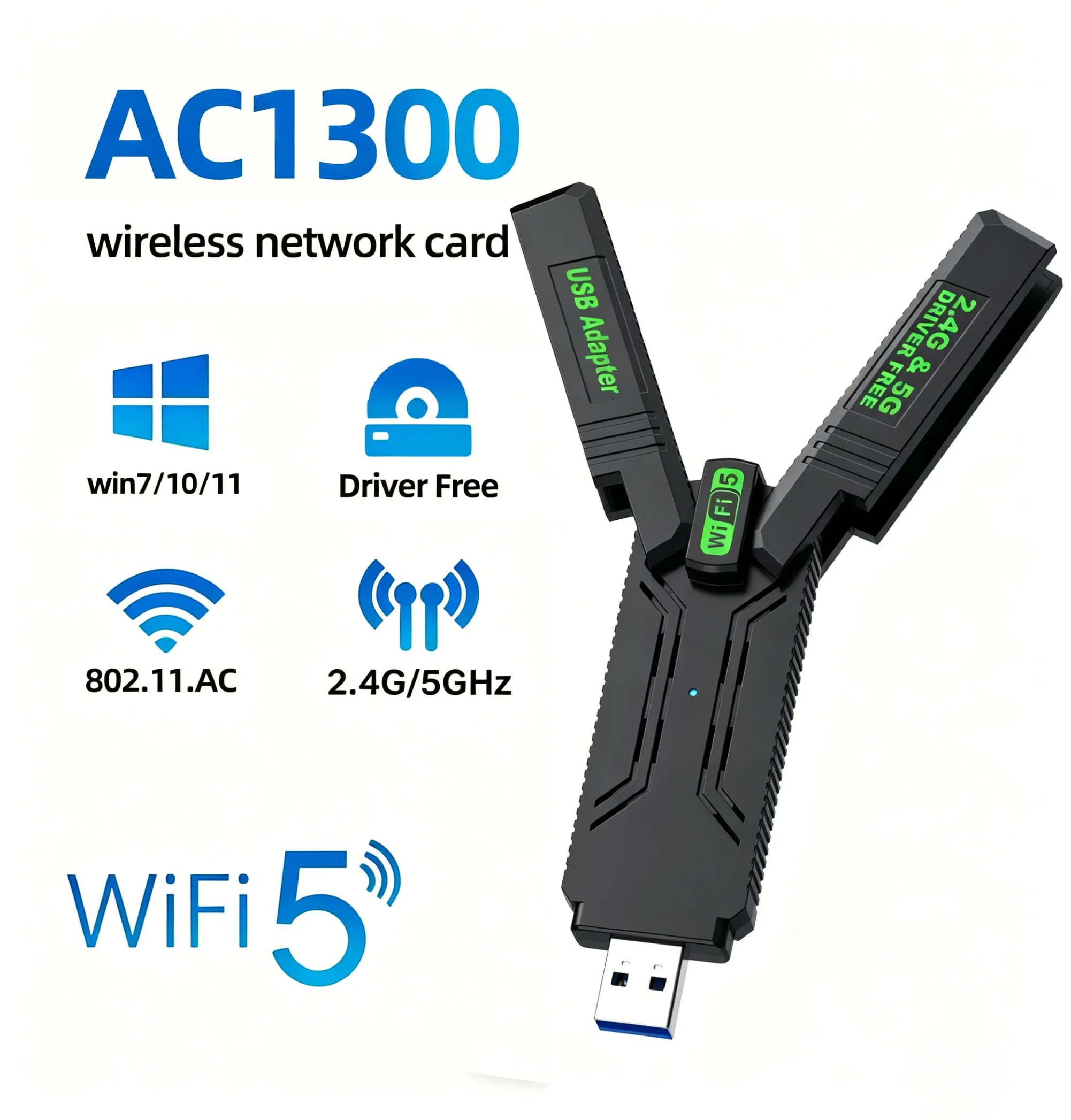 WiFi 5 무선 네트워크 카드 1300M 듀얼 밴드 2.4G 및 5GHz USB 3.0 데스크탑 노트북용 고속 Wifi 어댑터 드라이버 무료