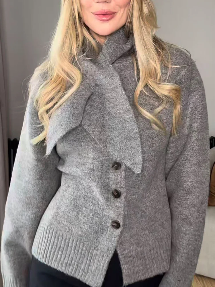 Women Solid Knitted Sweater Street Casual Single Breasted O-neck Full Sleeve Loose Open Stitch Top Female Scarf Decor Knitwear