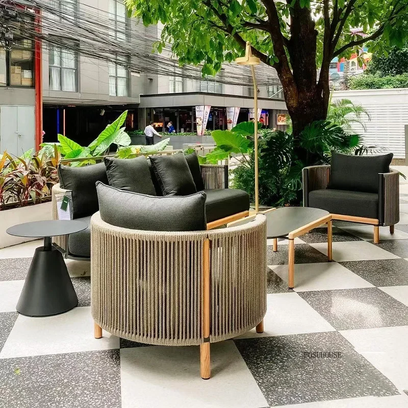 Modern Rope Garden Sofas Leisure Outdoor Villa Courtyard Sofa Chair Open-air Anti-corrosion Solid Wood Sofa Outdoor Furniture