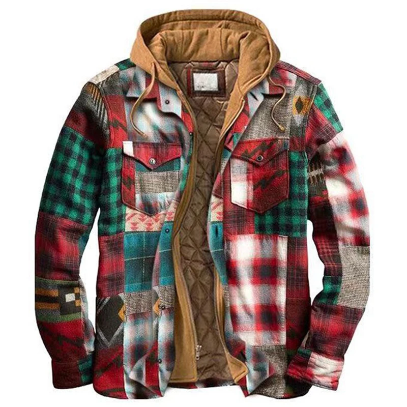 Harajuku Plaid Hooded Zipper warm Coat Long Sleeve Basic Casual Cotton Jackets Men Autumn Winter loose Vintage Shirt Jacket 5XL