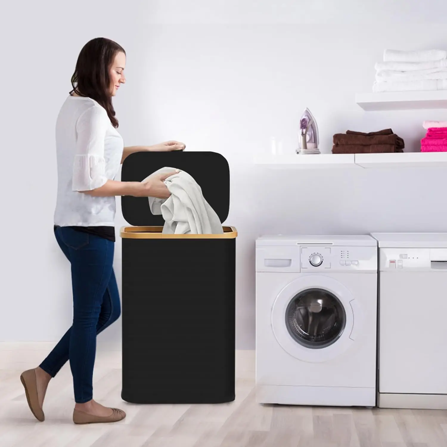 Laundry Hamper with Lid, Large Basket for Laundry, 150L Laundry Hamper with 2 Sections, Removable Inner Bags, Handles, Dirt