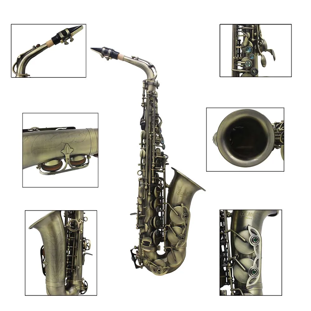 Alto Saxophone Eb Brass Body Carved Keys White Shell Keys Saxophone with Reed Glove Book Strap Woodwind instrument Parts