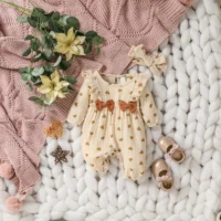 Baby Girls Summer Long Sleeve Printing Love With Bowknot  For Casual Daily Cotton Jumpsuit 1