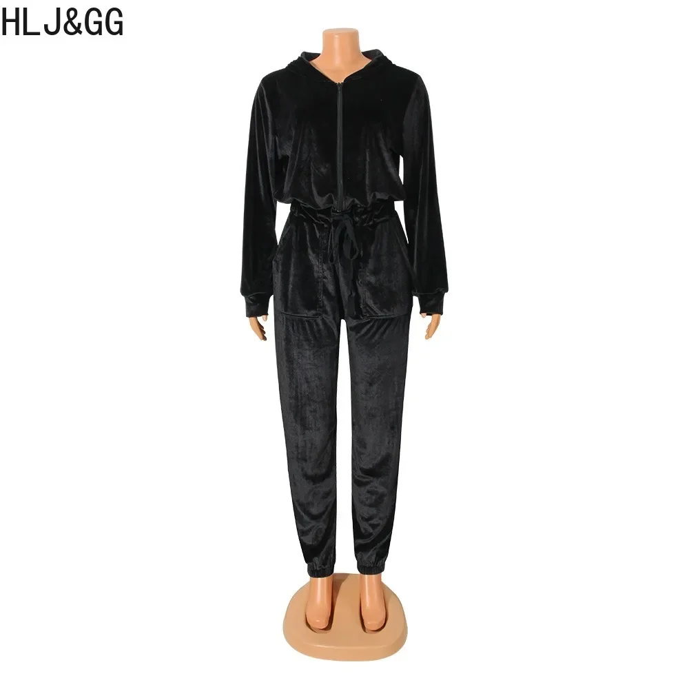HLJ&GG Winter Casual Velvet Drawstring Jumpsuits Women Hooded Zipper Long Sleeve Sporty Playsuits Female Jogger Pants Overalls