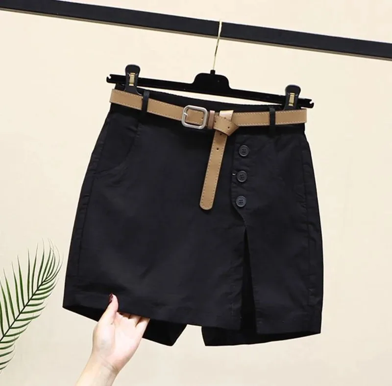 Chic Shorts Frauen Gürtel Koreanische Feste Tasten Seite Schlitzte A-line Streetwear Fashion Röcke Chic Harajuku Sommer Lose Hosen – Detail 9