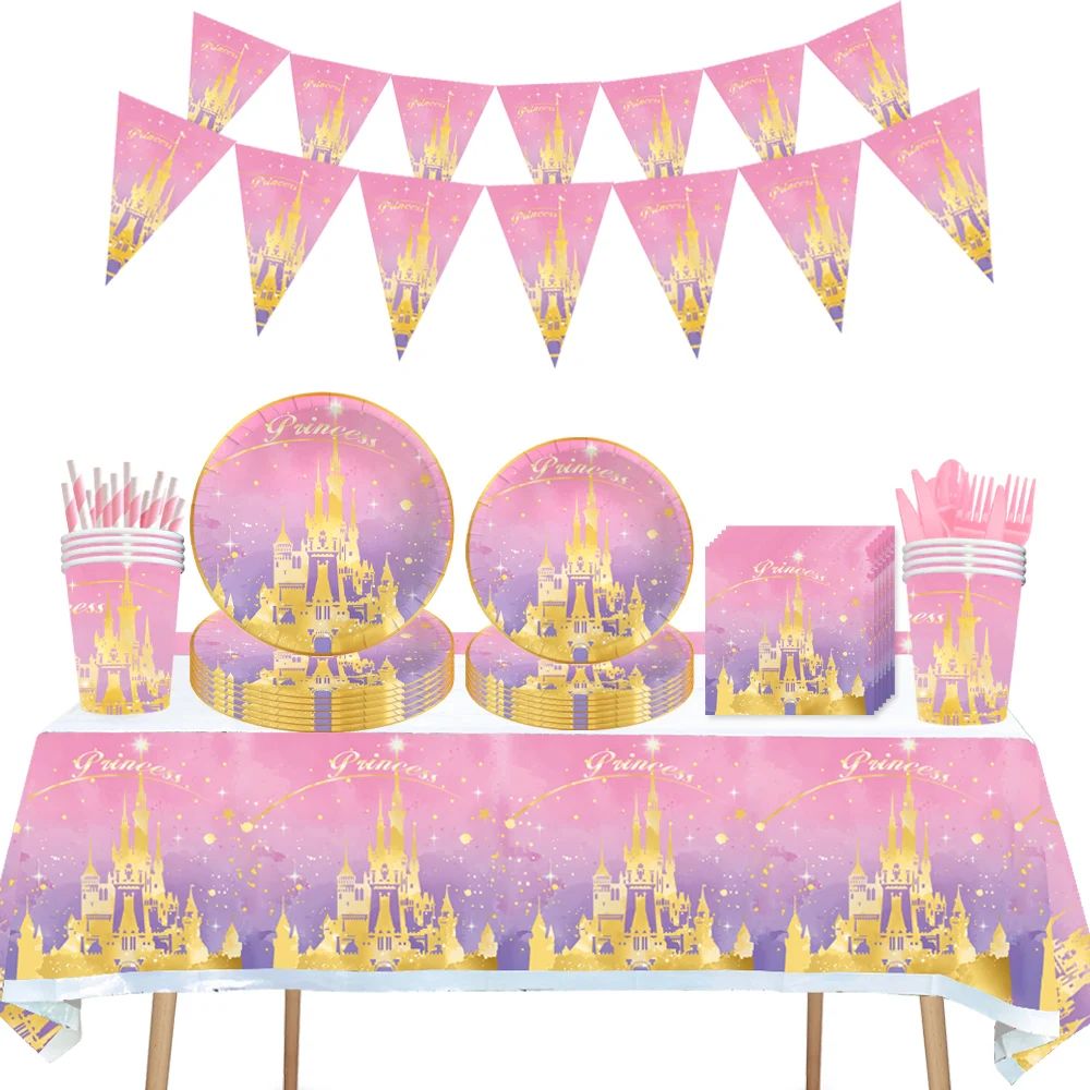 

Disney Princess Pink Castle Girl Shower Birthday Party Tableware Paper Plate Cup Banner Decorating Party Supplies
