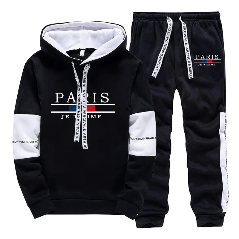 2025 Men's Black&White Hoodie Set US-Korean Fusion Sporty Athleisure All-Season Letter Print Joggers Comfort Casual Tracksuits