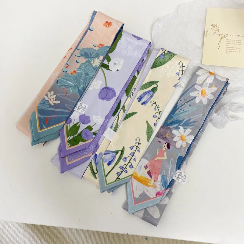 Long Handbands Floral Print Hair Scarf Women Skinny Wrist Ribbon Cute Hairband Neck Scarves 7