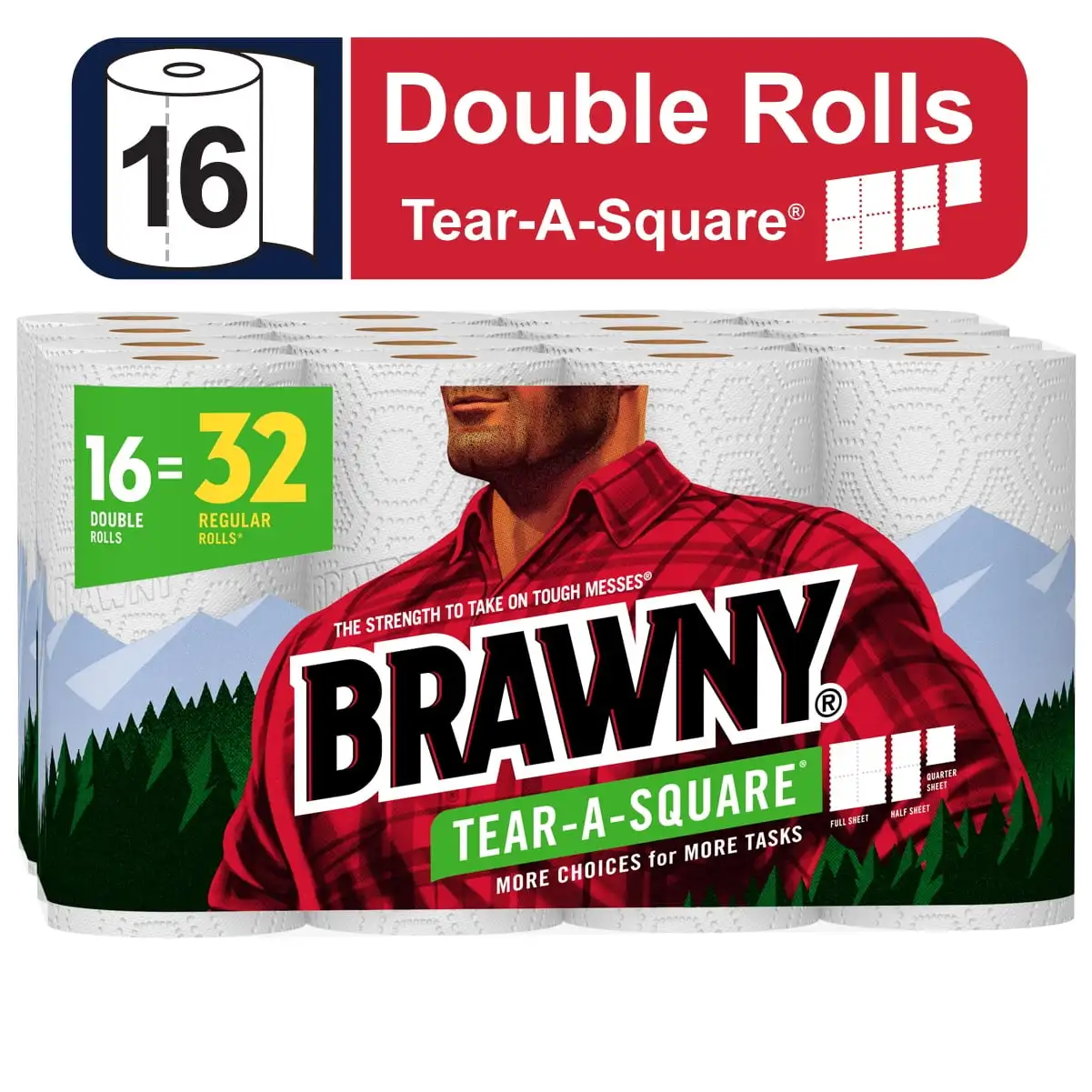 

Brawny Tear-a-Square Paper Towels, White, 3 Sheet Sizes, 16 Double Rolls