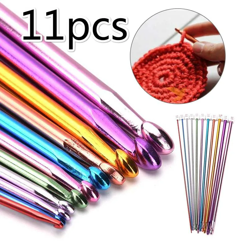 11pcs/pack Colorful Iron Crochet Hooks Tunisian Afghan Knitting Needles