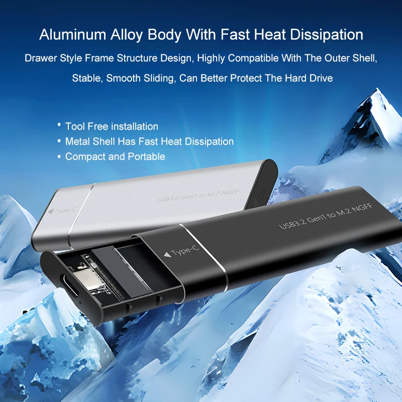 M.2 Solid State Mobile Hard Disk Box USB 3.2 Metal Heat Dissipation External Type-C Interface NGFF/SATA Dual Protocol TN100