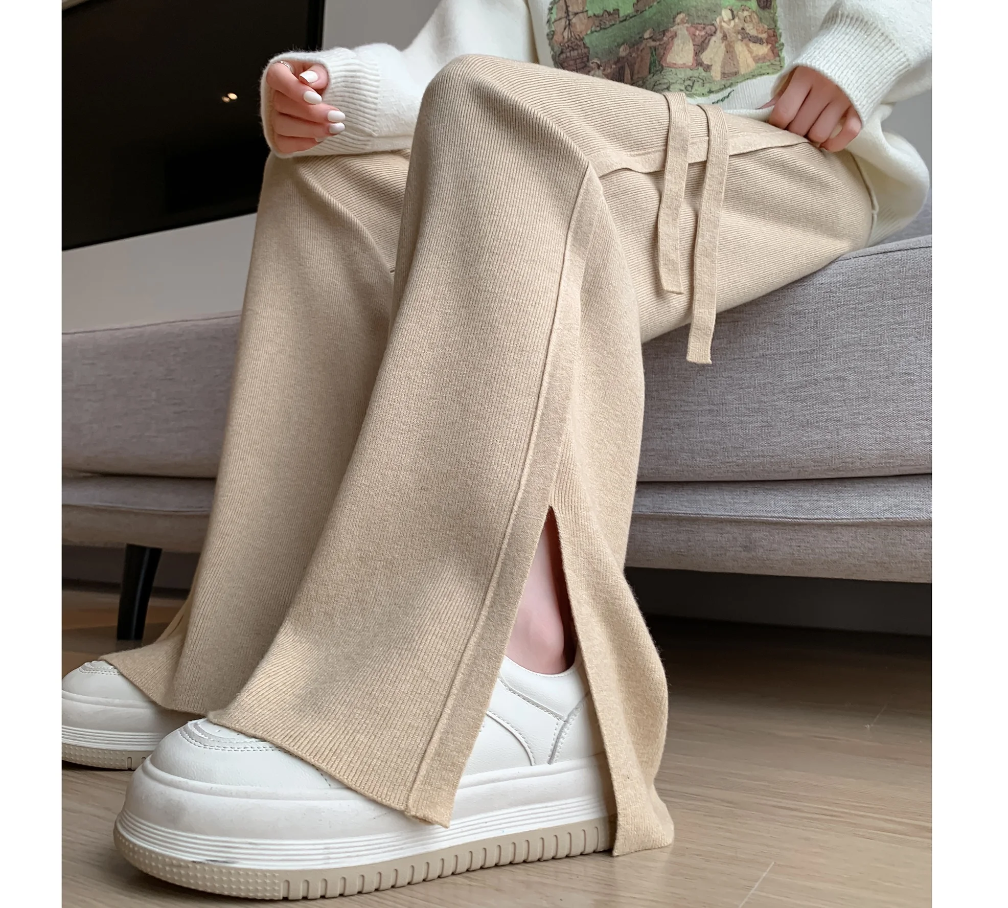 Women's Wide Legged Pants 2023 Autumn/Winter New High Waist Loose Floor Dragging Straight Tube Drop Knitted Long Pants