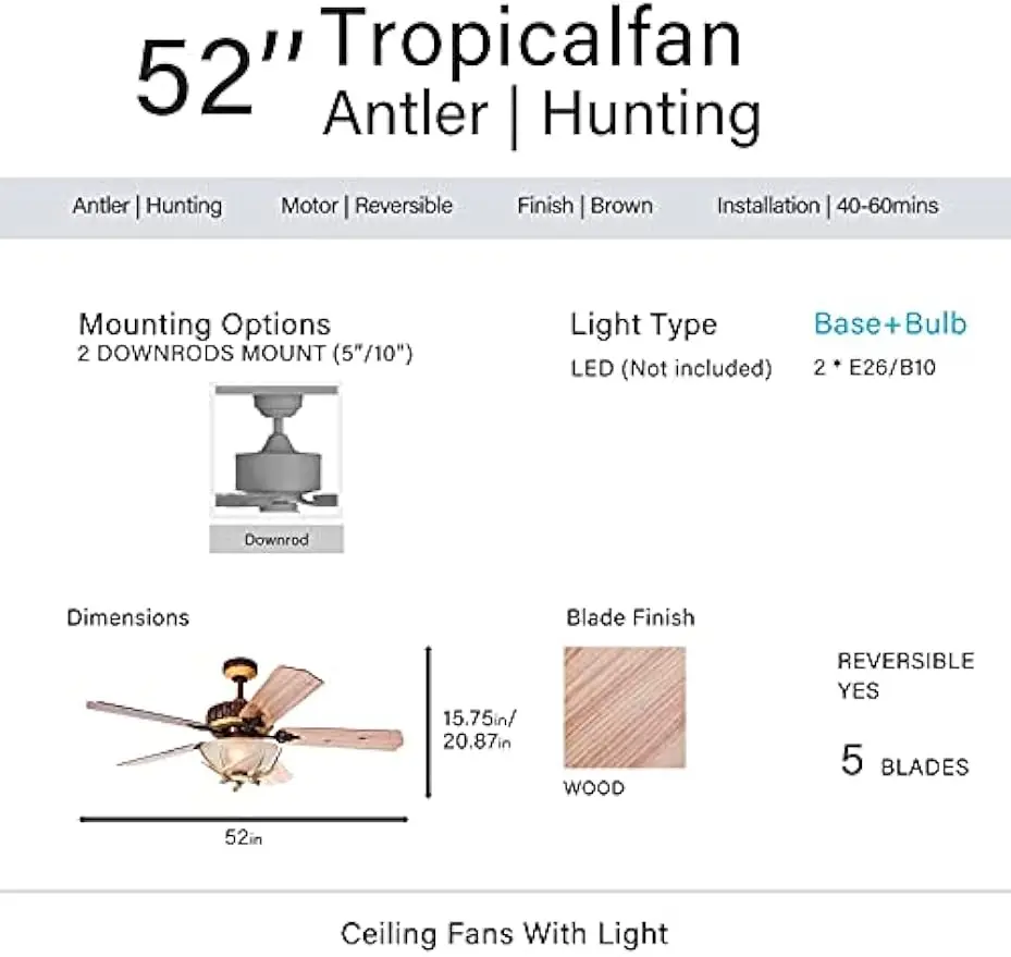Lights and Remote, Modern Chandelier Fan Light, Indoor Cabin Electrical Fan with 5 Wood Blades