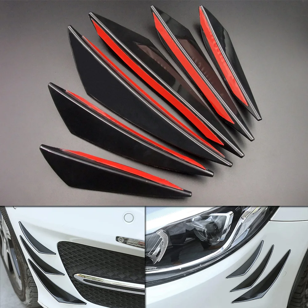 6pcs Universal Car Styling Accessories Front Bumper Lip Rubber Fins Splitter Spoiler Canards Valence Sticker Kit