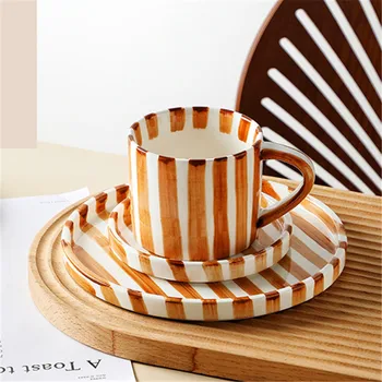 Minimalist striped hand drawn cup and plate set, ceramic milk coffee cup, 280ml/9.5oz afternoon tea coffee cup, household drinki 1