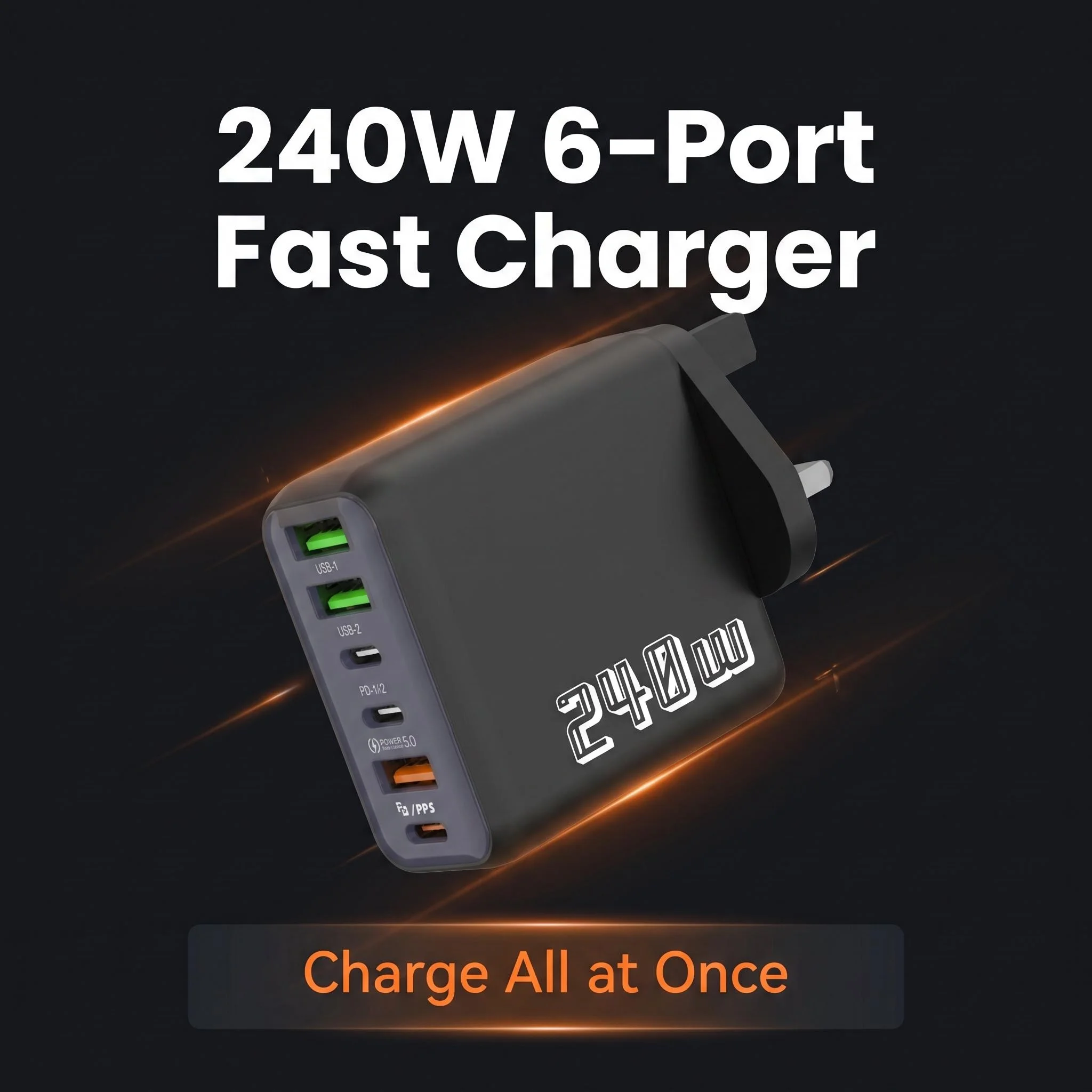 Chargeur super rapide 240W UK 6 ports USB-C PD PPS QC5, station de charge multi-appareils, adaptateur secteur pour iPhone, Samsung, Xiaomi