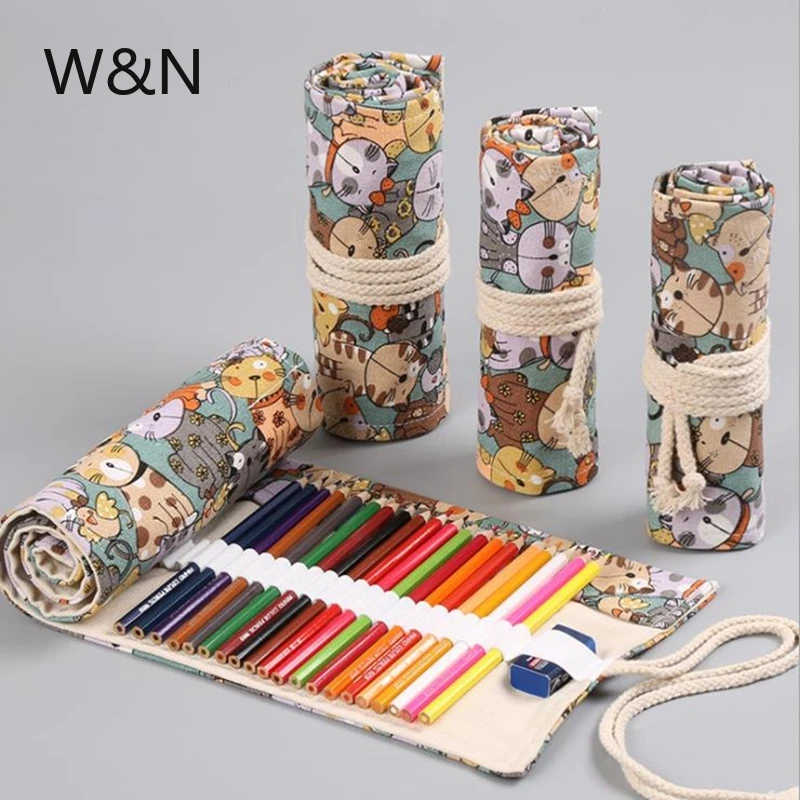 

Canvas School Pencil Case 12/24/36 Holes Roll Pencilcase Large Cute Pencil Case for Girls Boys Portable Pen Bag Stationery Pouch