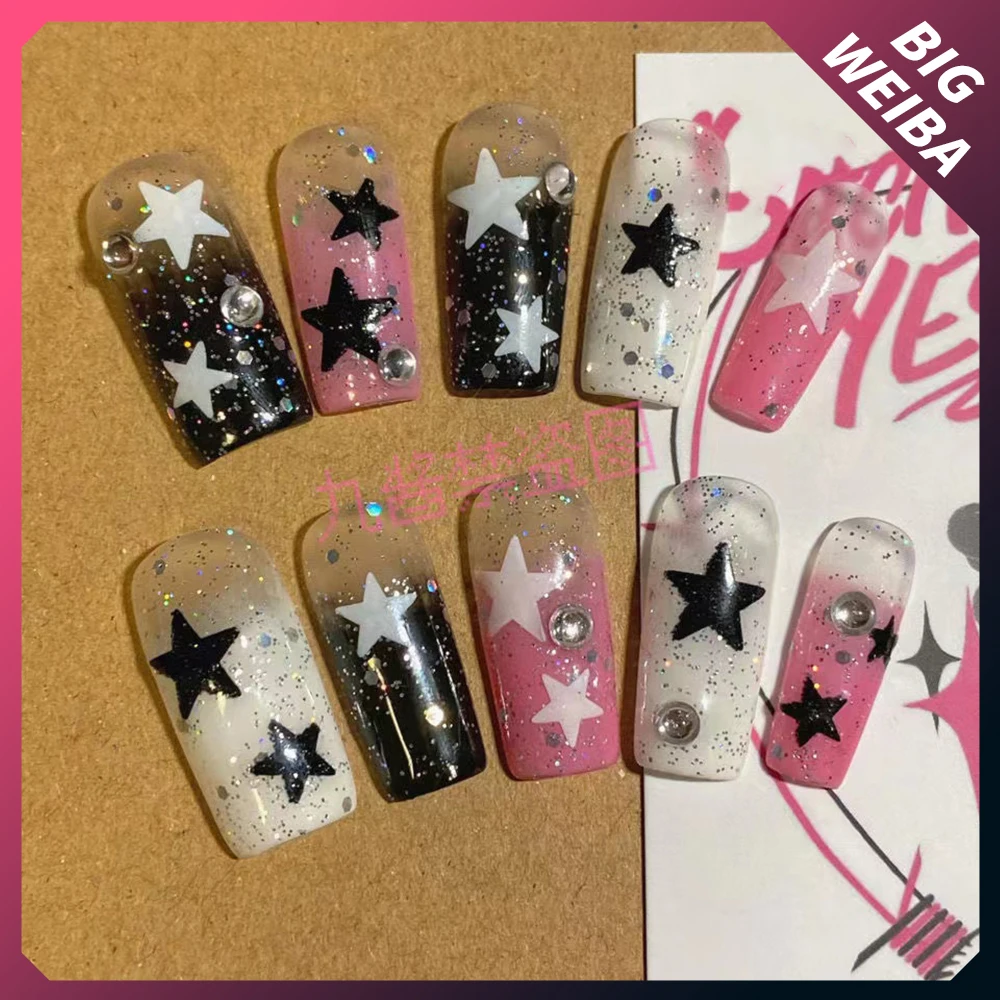 Spicy Girl Anime Hello Kitty Y2K Fake Nails Cartoon Cute Star Cool Cosplay Long Coffin Stiletto Full Cover Nails Art Tips Gift