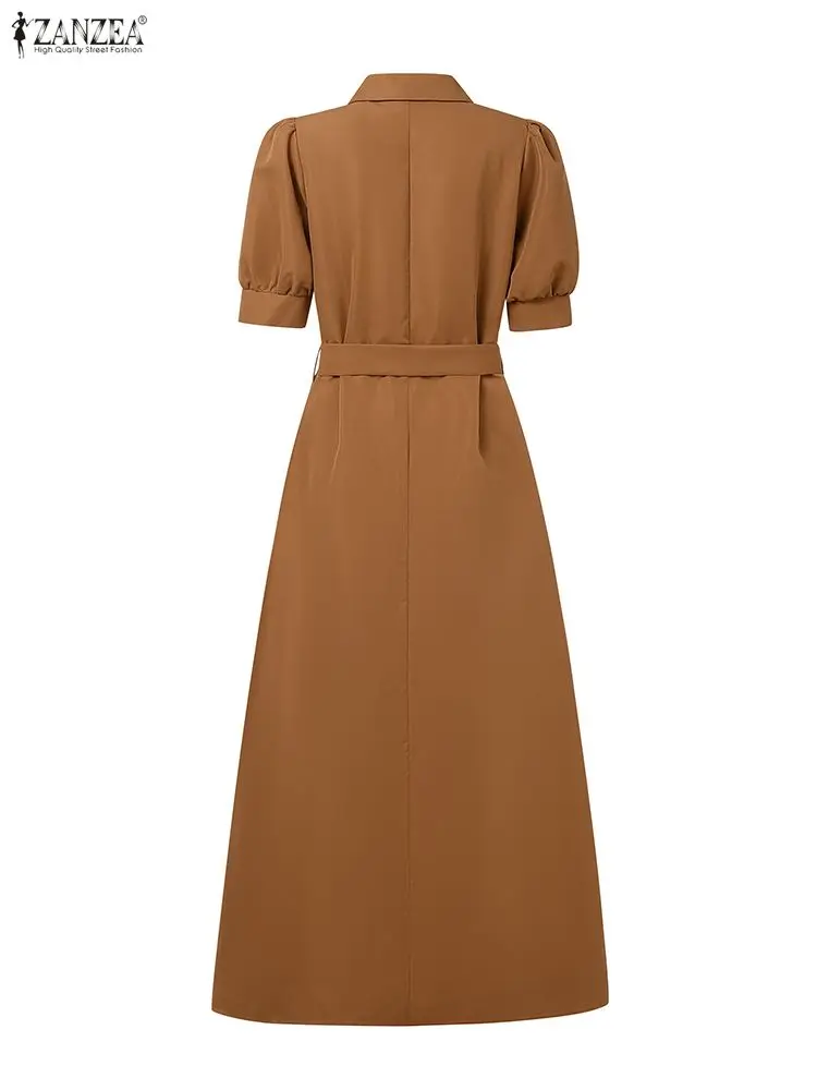 ZANZEA Elegant Party Long Dress With Belt 2025 Summer Women Solid Short Sleeve Maxi Vestidos Fashion Wedding Lapel Shirt Robe 5