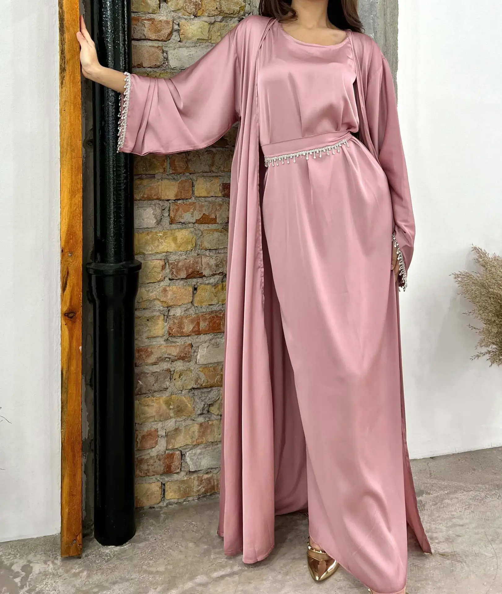 2 Piece Satin Beads Open Abaya + Inner Dress Matching Muslim Set Dubai Luxury Turkey Party Kaftan Kimono Ramadan Islamic Clothes