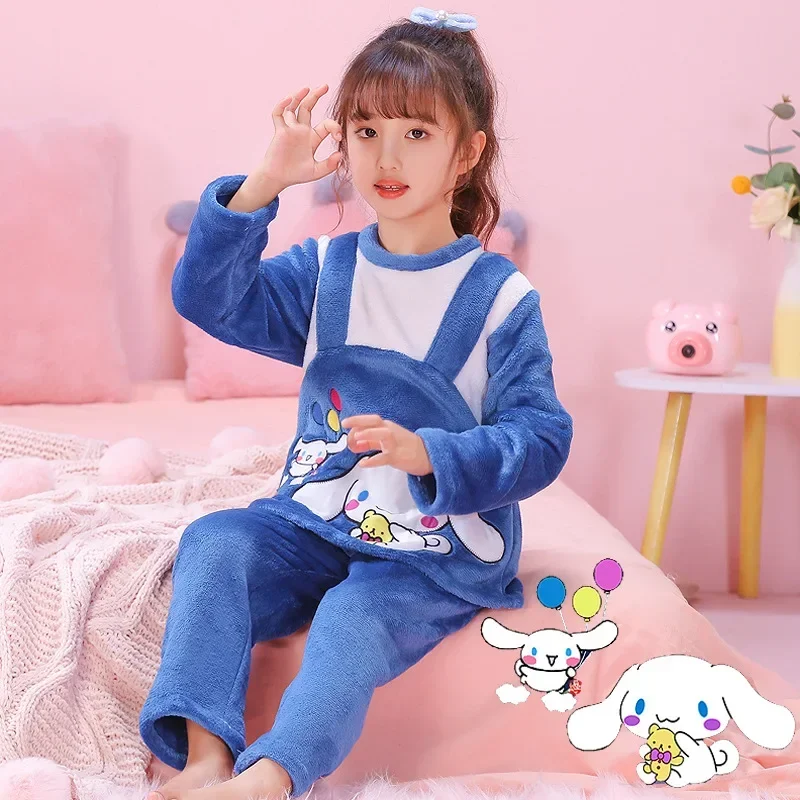 

Anime Sanrios Cinnamoroll Kuromi Hello Kittys Children Cartoon Pajamas Kawaii My Melody Winter New Fleece Pajamas Two-piece Set