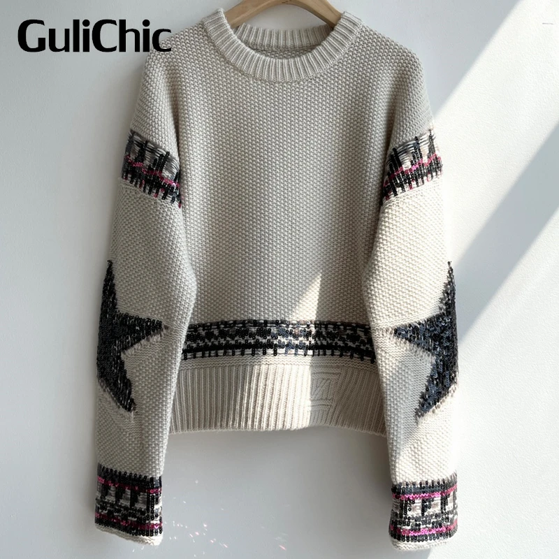 

11.30 GuliChic Fashion Sequined Star Pattern Cashmere Knitted Round Neck Pullover Sweater Women