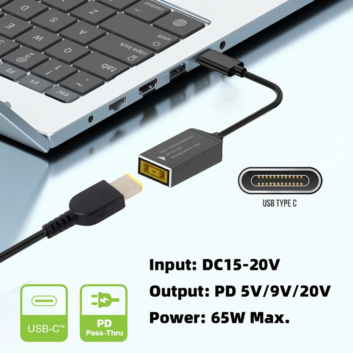 Square Jack to USB Type-C Converter PD65W Charging Cable Compatible with Lenovo Power Adapter for Laptops Mobile Phones Tablets laptop power adapter