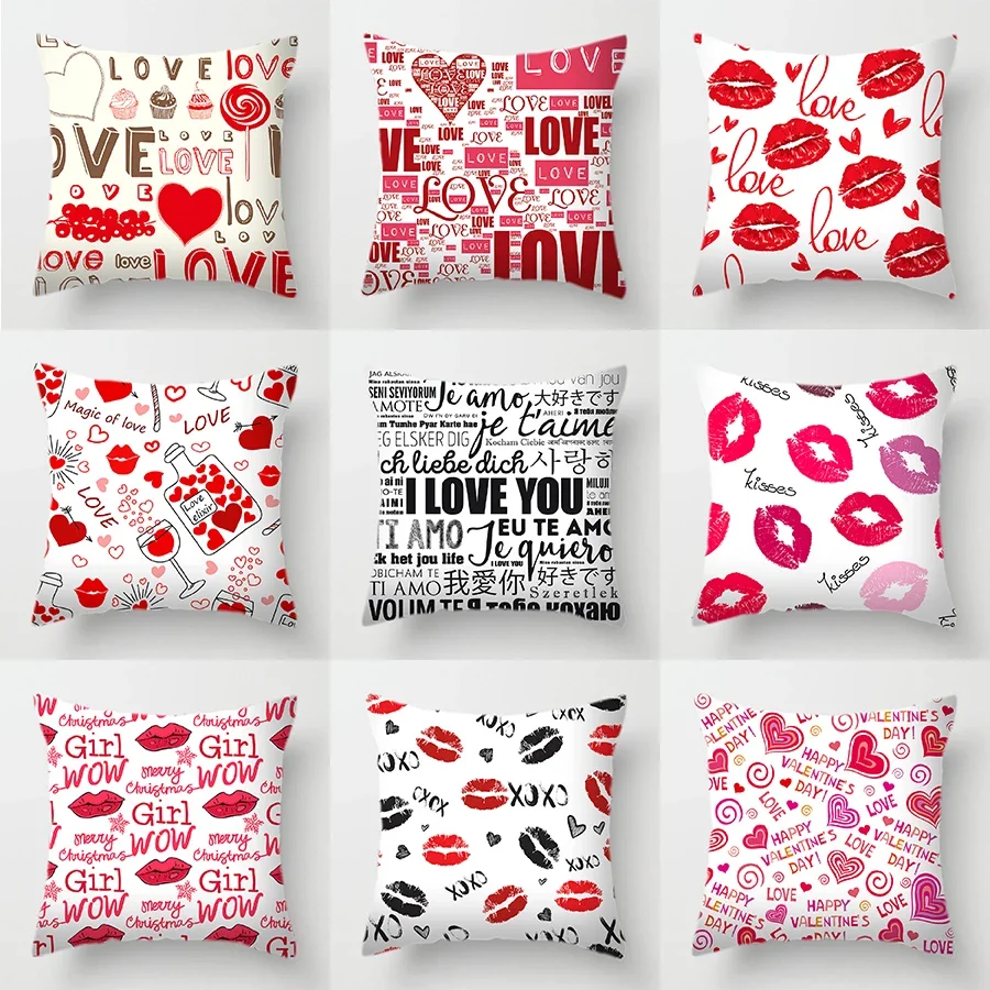 

Black Love Letter Sofa Car Cushion Cover Valentine's Day Gift Red Lips Heart Shaped Pillow