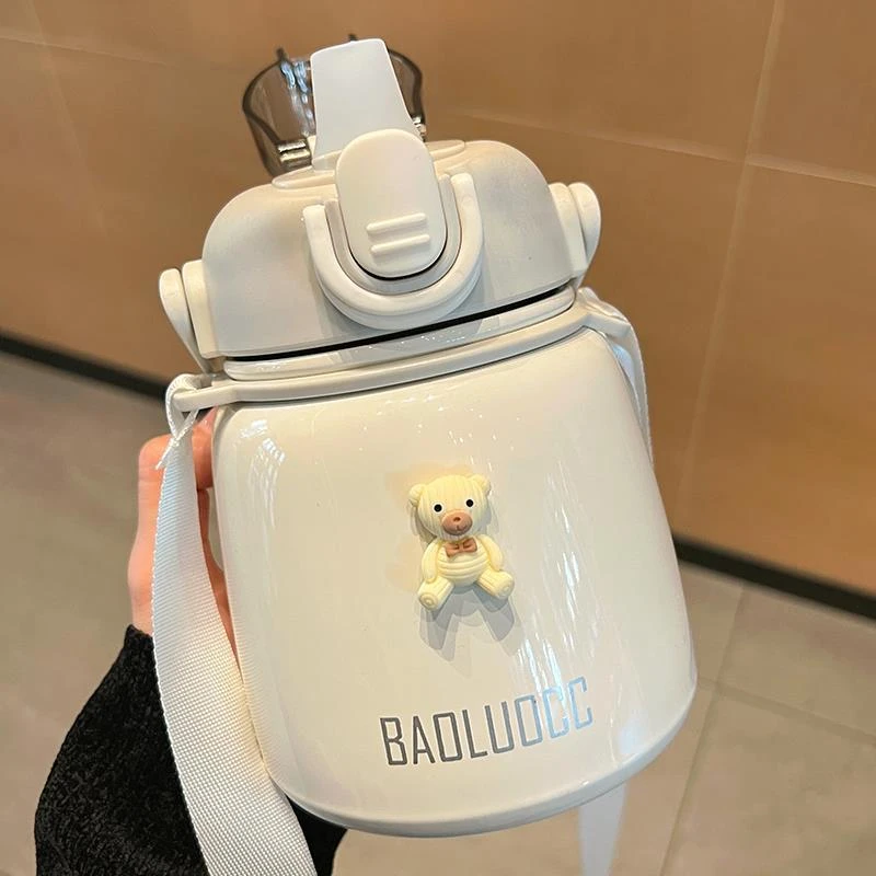 

650ML Big Belly Thermos Cup Large Capacity Female High Appearance Level Student Water Cup With Straw Cute Portable Strap Kettle