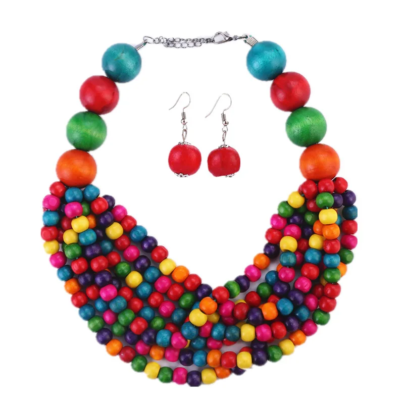 African Ethnic Style Colorful Necklace Multi Layered Clavicle Chain Choker Earring Set Jewelry For Women Birthday Christmas Gift