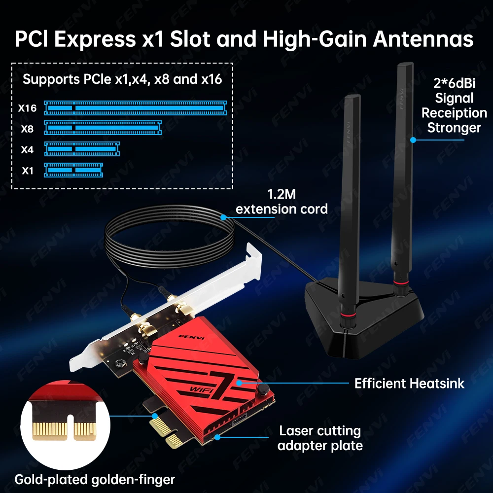 FENVI WiFi 7 BE6500 PCIE 무선 어댑터 BT5.4 트라이 밴드 6500Mbps 2.4G/5G/6Ghz WiFi7 MT7925 네트워크 어댑터 AMD PC Win 10/11용