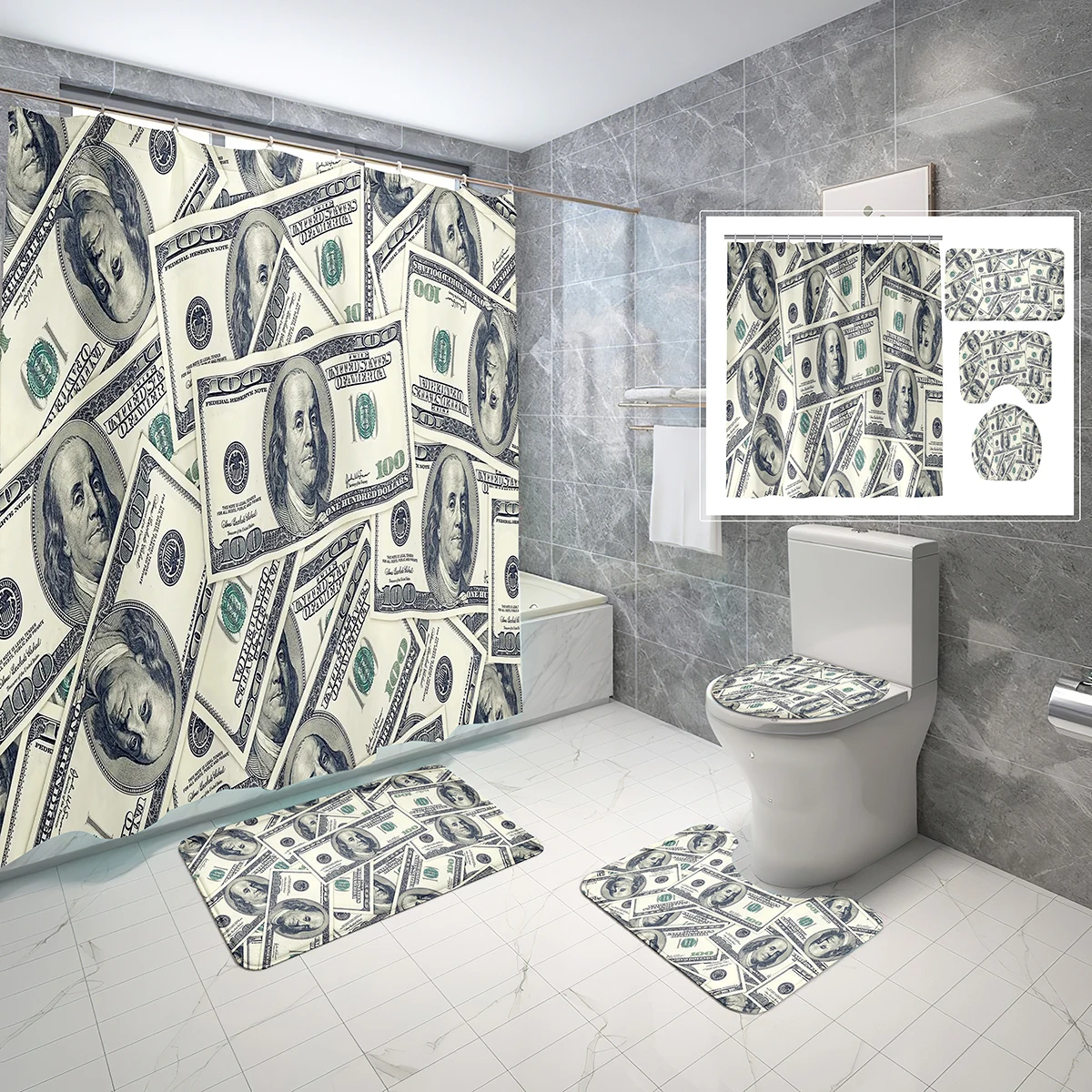 

Money Wealth Theme Shower Curtain Set USA 100 Dollar Bill Cash 4 Pcs Shower Curtain Bathroom Non-Slip Bath Mat Toilet Cover