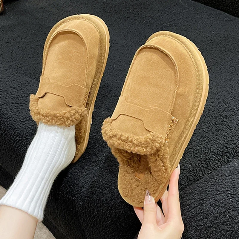 

Women Slippers Suede Casual Short Plush Warm Cotton Shoes Flats Women Mules Shoes Winter 2024 New Trend Home Slingback Botas