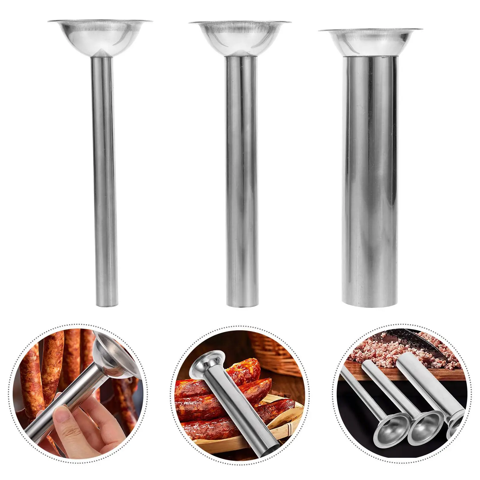 3 Pcs Stainless Steel Sausage Filler Tube Manual Grinder Kit Sausage Stuffer Pork Beef Turkey Meat Processor Poultry Tool