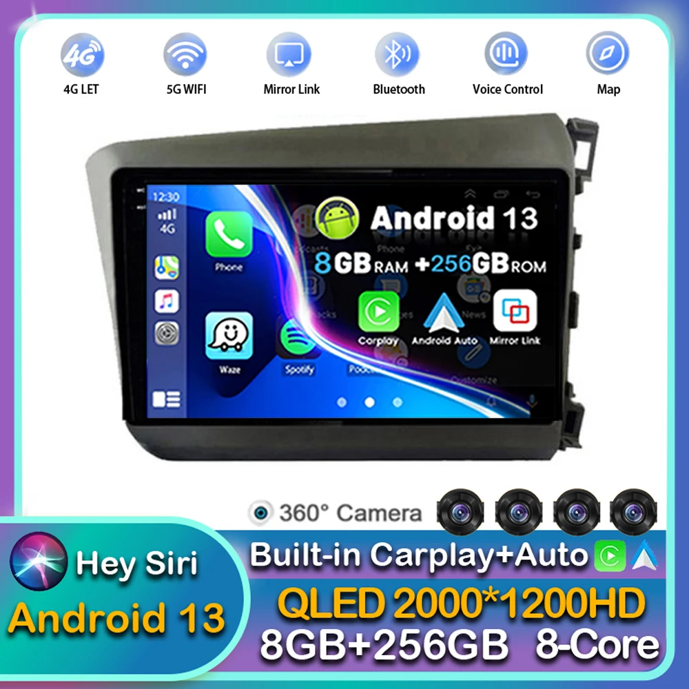 

Android13 wireless Carplay Auto Car Radio For Honda Civic RHD 2012 2013 2014 2015 Multimedia Player GPS Stereo WIFI+4G Head Unit