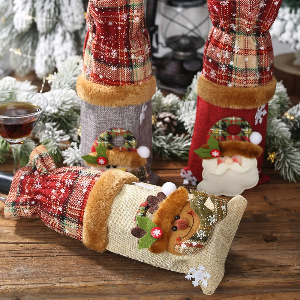 Wine Bottle Cover Burlap Wine Bags Christmas Decorations Wine Bottle Sets Plaid Linen Wine Bottle Decorations Plaid Bags