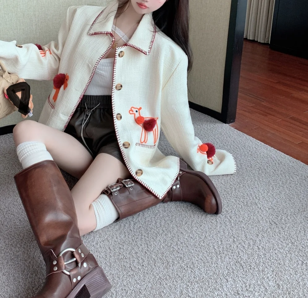 Embroidered heavy work hemp felt jacket, small fragrant style jacket, 2023 autumn new college style