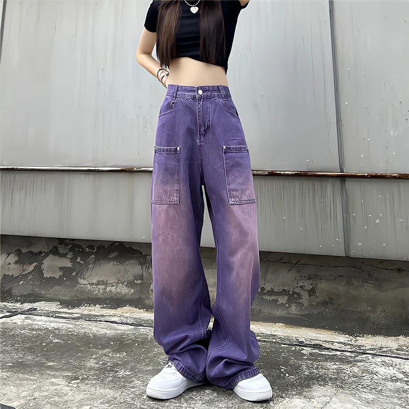 

TPJB Purple Baggy Jeans Women Boyfriend Style High Waist Gradient Color Washed Y2k Cargo Pants Mopping Straight Denim Trousers