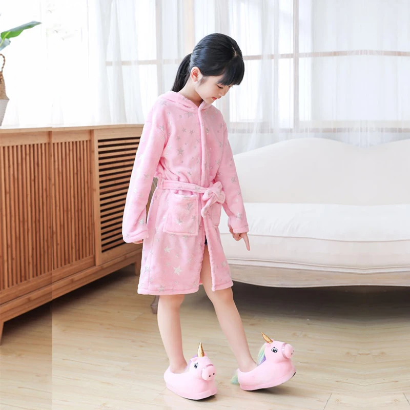 Kids Colar Fleece Unicorn Hooded Bathrobe Children's Dressing Gown Bath Robe Kugurumi Animal Sleepwear For Girls Boys Pyjamas