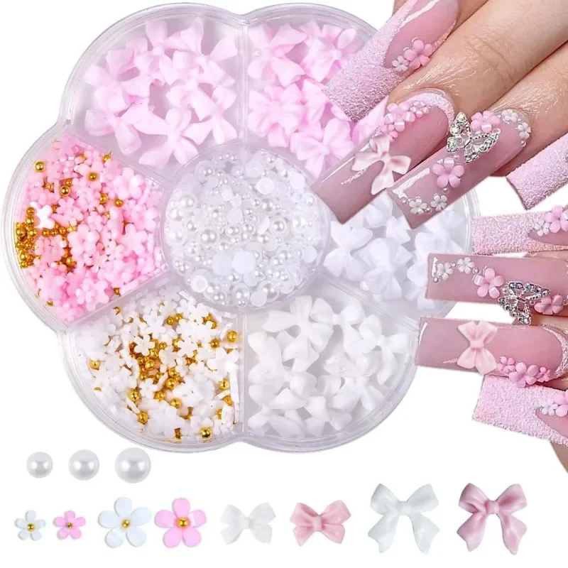 Mixed Acrylic Bowknot 3D Nail Art Decorations Flower Resin Charms Gold Beads Caviar Pearl Mixed Rhinestones Accessories Boxed 1