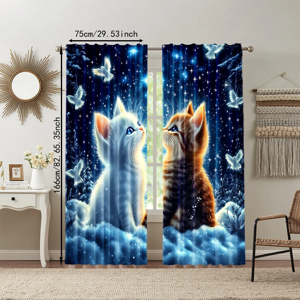 2Pcs Adorable Cat And Star Print Polyester Window Curtains Rod Pocket Design For Easy Hanging Home Decor Perfect For Bedroom 3