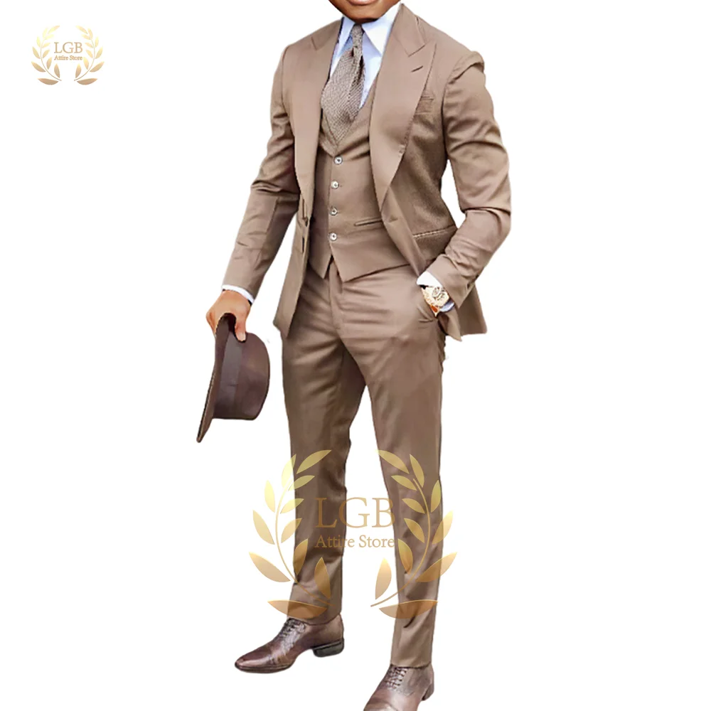 Khaki casual men's suit wedding slim groom dress 3 piece suit jacket ...