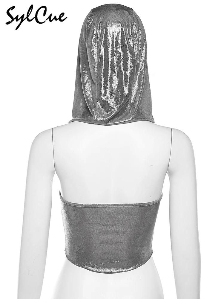 Nibber Silber Retro Matte Cyberpunk Modische High Street Sexy Reife Selbstbewusst Cool Einfache Damen Sommer Dünne Kapuzenweste – Detail 11