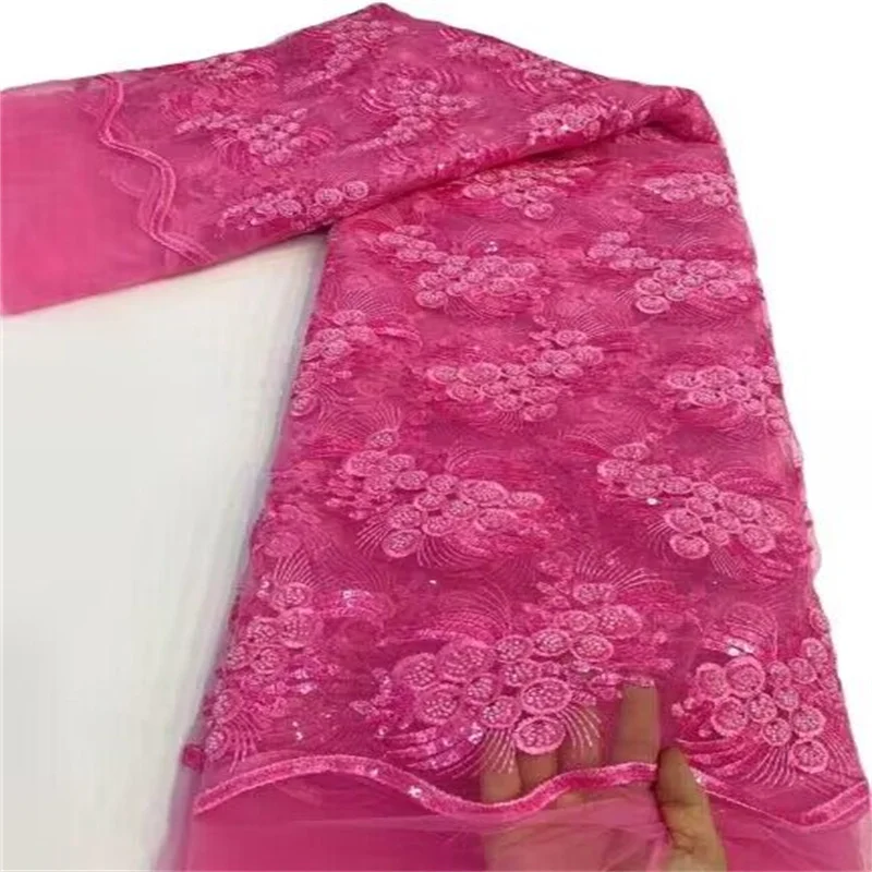 

2023 Pink High Quality Fashion French Embroidery Beaded Lace Fabric African Nigerian Sequins Lace Fabric For Wedding Dress