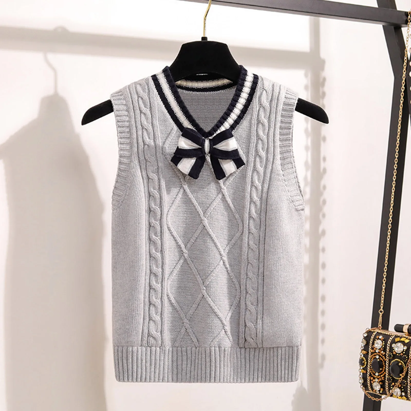 Little Girls Knitted Sweater Vest School Uniform V Neck Bow Tie Tank Top Schoolgirl Birthday Party Stage Performance Costume